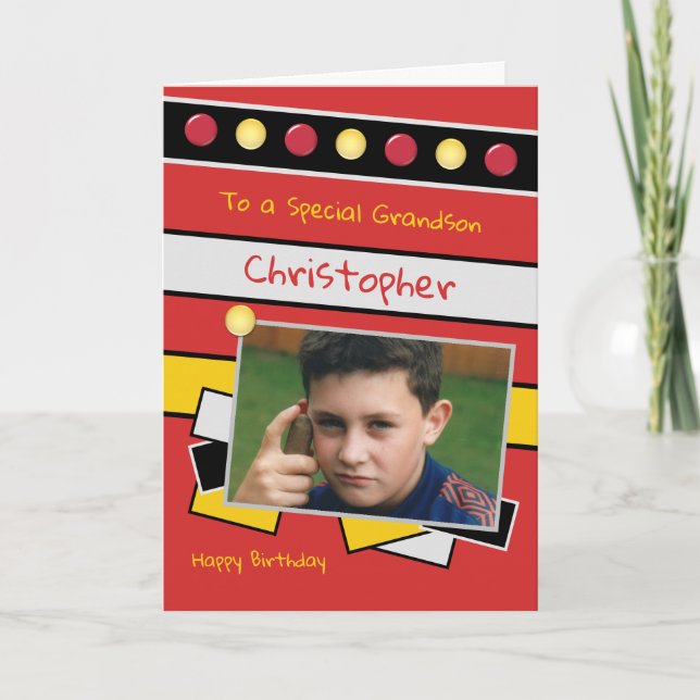 Happy Birthday Grandson red and black photo Card (Front)