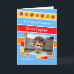 Happy Birthday Grandson red blue yellow photo Card<br><div class="desc">Personalise this Birthday Card for your Grandson
Designed in red,  blue,  yellow,  orange
Add his name 
Happy Birthday
To a special Grandson
Have a great day</div>