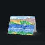 Happy Birthday Grandson Sailing Mountain Lake Card<br><div class="desc">A happy birthday greeting card for someone who enjoys the outdoors and water sports featuring people sailing on a quiet mountain lake in summer with trees and rolling hills in the background painted with watercolor.  Customise the text to fit your needs.</div>