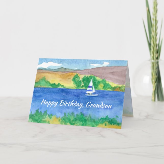 Happy Birthday Grandson Sailing Mountain Lake Card (Front)