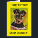 Happy Birthday Great Grandson<br><div class="desc">Painting of cute little terrier with yellow border and the message “Happy Birthday Great Grandson.”</div>