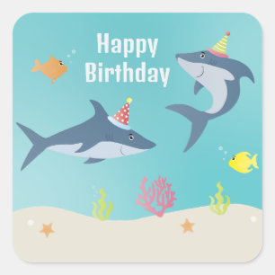 Happy Birthday Great White Shark Cartoon Square Sticker