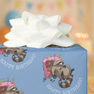 Happy Birthday! Greedy Cake Eater Cartoon Racoon  Wrapping Paper