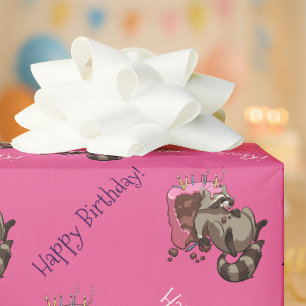 Happy Birthday! Greedy Raccoon Cake Cartoon Wrapping Paper