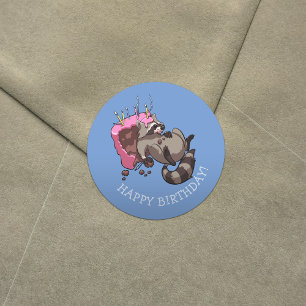 Happy Birthday! Greedy Racoon Cake Cartoon Classic Round Sticker