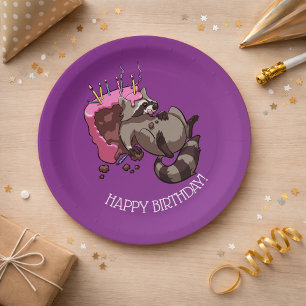 Happy Birthday Greedy Racoon Cake Cartoon Paper Plate