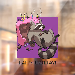 Happy Birthday Greedy Racoon Cake Cartoon Window Cling