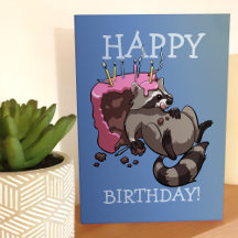 Happy Birthday! Greedy Racoon Eating Cake Cartoon