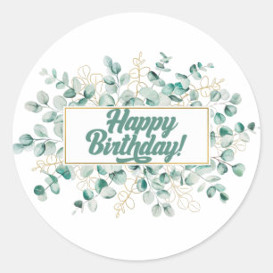 Happy Birthday Green and Golden Eucalyptus Leaves  Classic Round Sticker