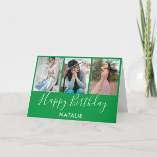 Happy Birthday Green and White 3 Photo Collage Card