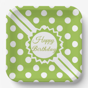 Happy Birthday Green And White Polka Dots Paper Plate