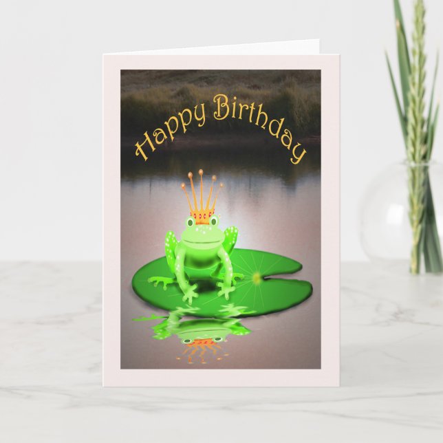 Happy Birthday, green frog wearing crown, humour Card (Front)
