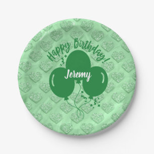 Happy Birthday Green Hearts Balloons Personalized Paper Plate