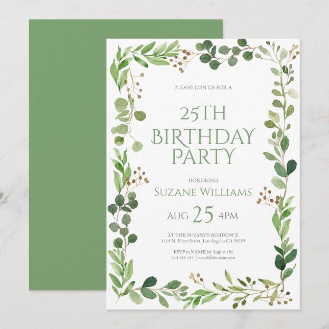 Happy Birthday green leaves frame 2 Invitation (Front/Back)