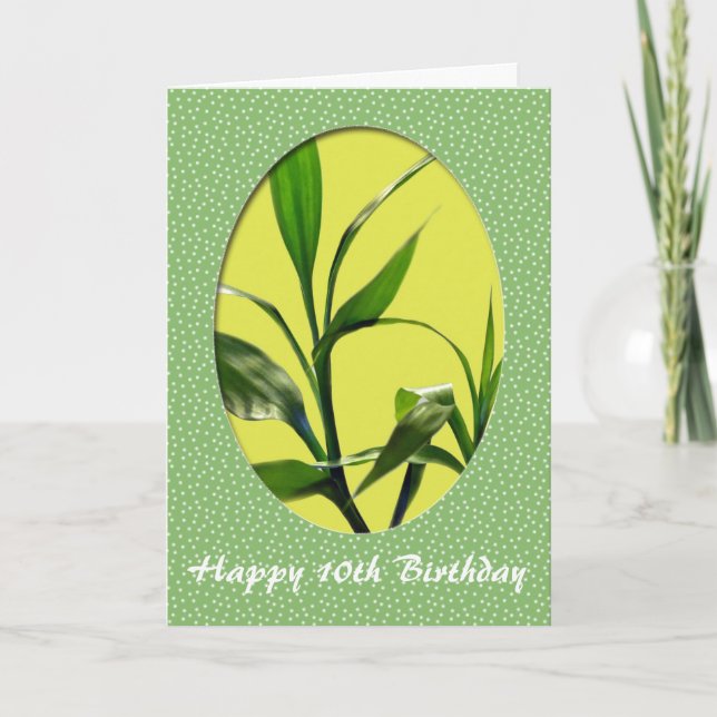 Happy Birthday, green lucky bamboo leaves Card (Front)