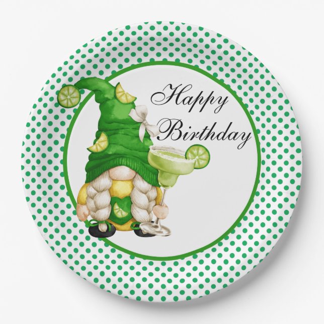 Happy Birthday Green Margarita Gnome Paper Plate (Front)