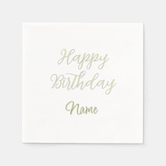 Happy birthday green pastel grey name date modern napkin