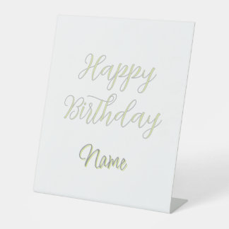 Happy birthday green pastel grey name date modern pedestal sign