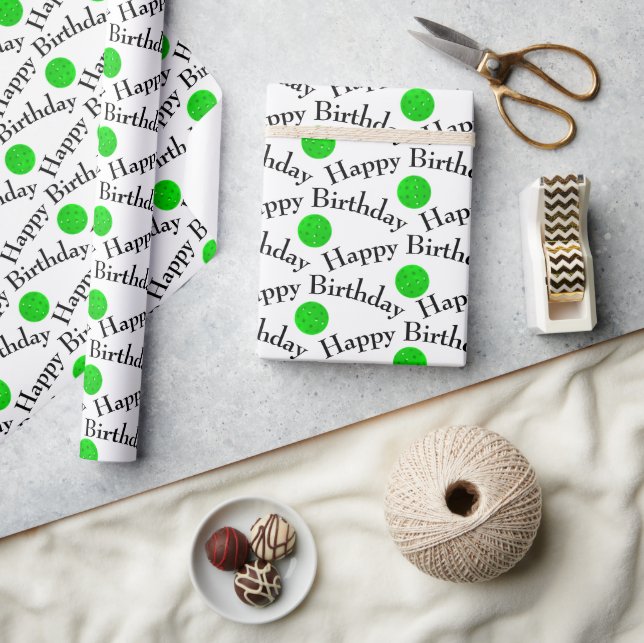 Happy Birthday Green Pickleballs On White Wrapping Paper (Crafts)