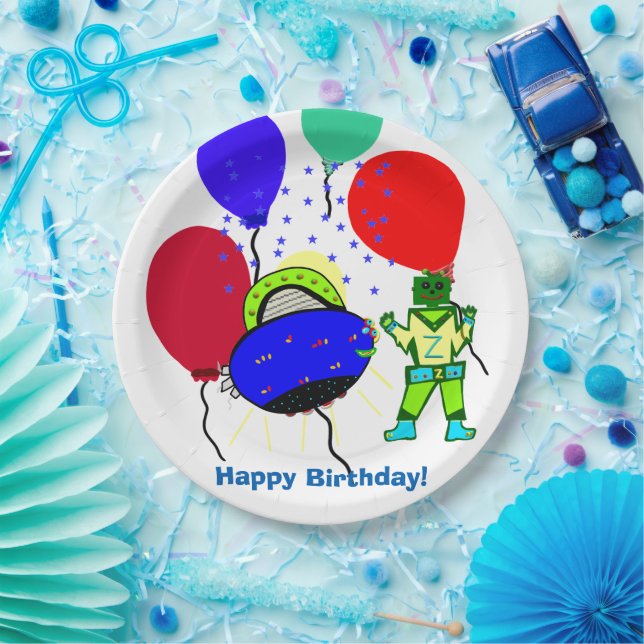 Happy Birthday Green Robot Boy Blue Spaceship Paper Plate (Party)