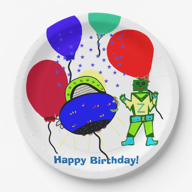 Happy Birthday Green Robot Boy Blue Spaceship Paper Plate (Front)