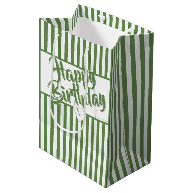 Happy Birthday Green/White Simple Stripes Pattern Medium Gift Bag (Front Angled)