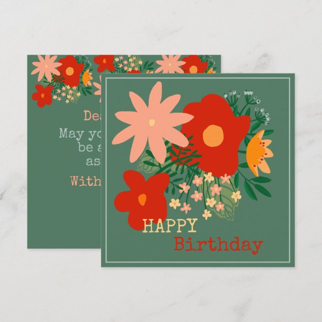 HAPPY Birthday greeting card original flowe turquo (Front/Back)