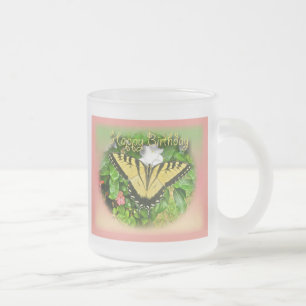 Happy Birthday Greeting Tiger Swallowtail Butterfl Frosted Glass Coffee Mug