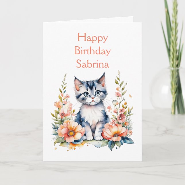Happy Birthday | Grey Kitten Personalised Card (Front)