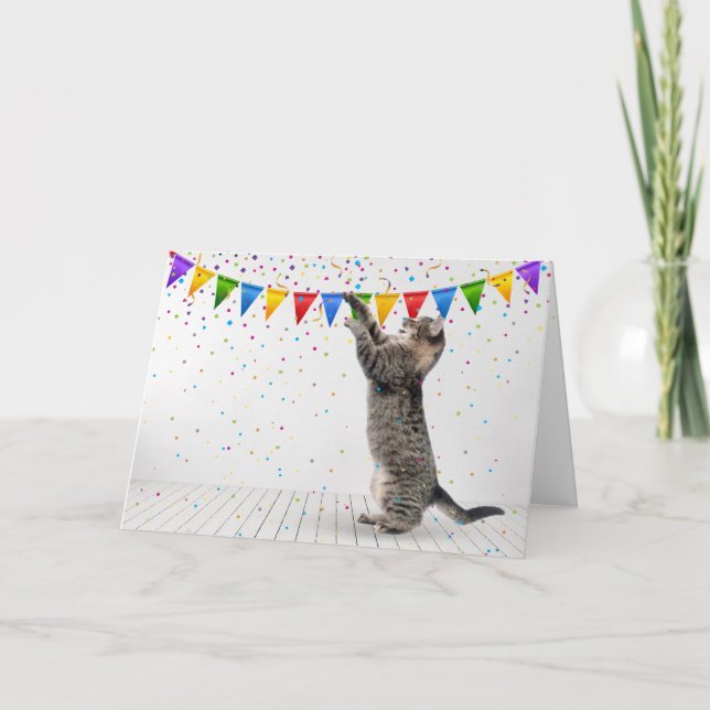 Happy Birthday Grey Tabby Cat In Confetti Card (Front)