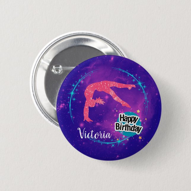 Happy Birthday Gymnastics Galaxy Tumbling  6 Cm Round Badge (Front & Back)