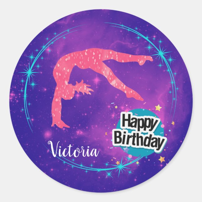 Happy Birthday Gymnastics Galaxy Tumbling Classic Round Sticker (Front)