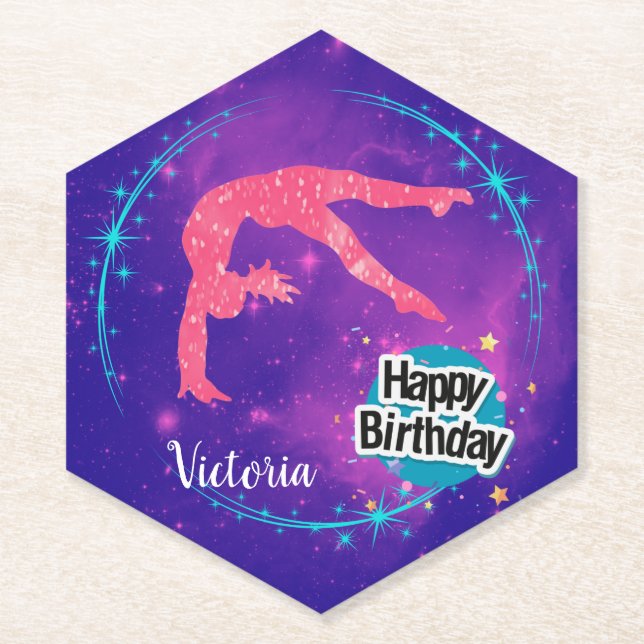 Happy Birthday Gymnastics Galaxy Tumbling Paper Coaster (Front)