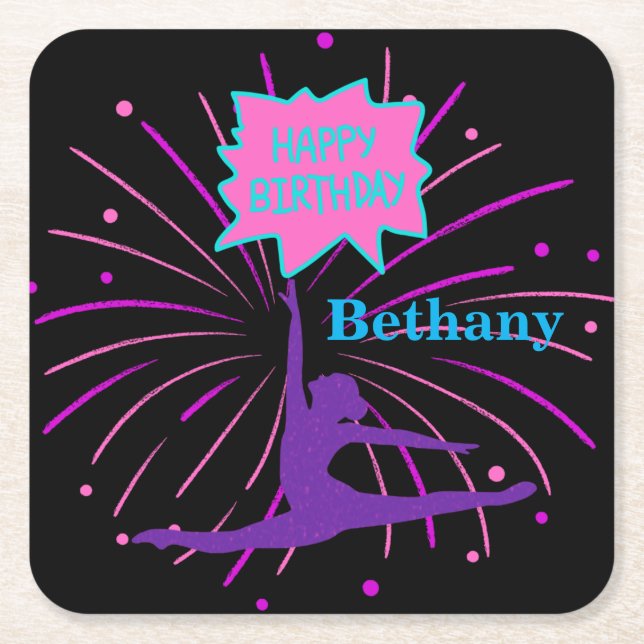 Happy Birthday Gymnastics Personalised  Square Paper Coaster (Front)