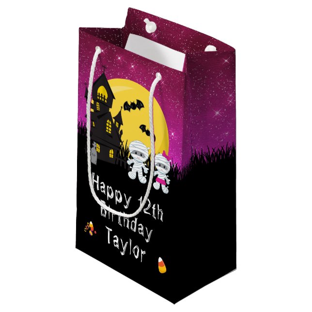 Happy Birthday Halloween Mummy Pink Small Gift Bag (Front Angled)
