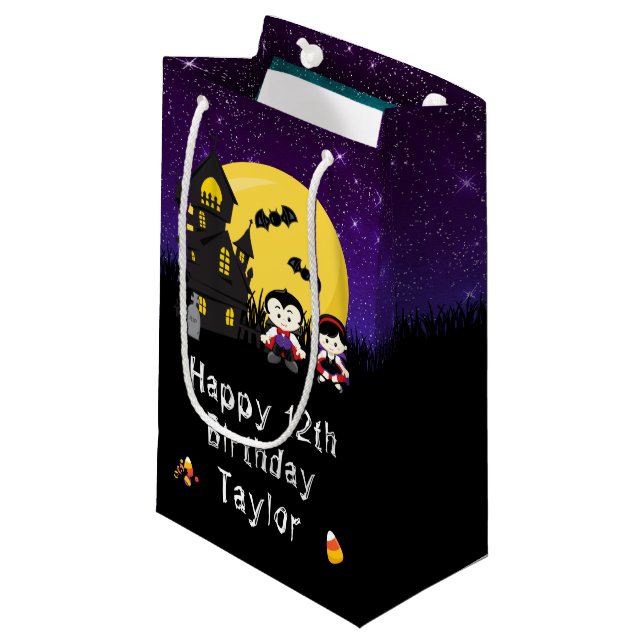 Happy Birthday Halloween Vampires Purple Small Gift Bag (Front Angled)