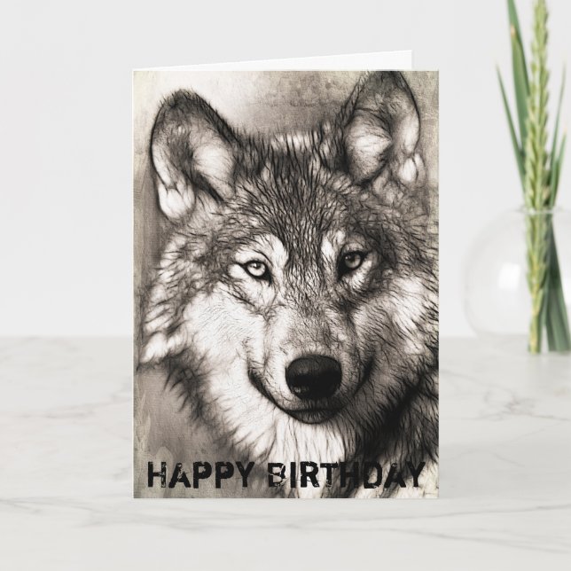 Happy Birthday Hand Drawn Wolf Card (Front)