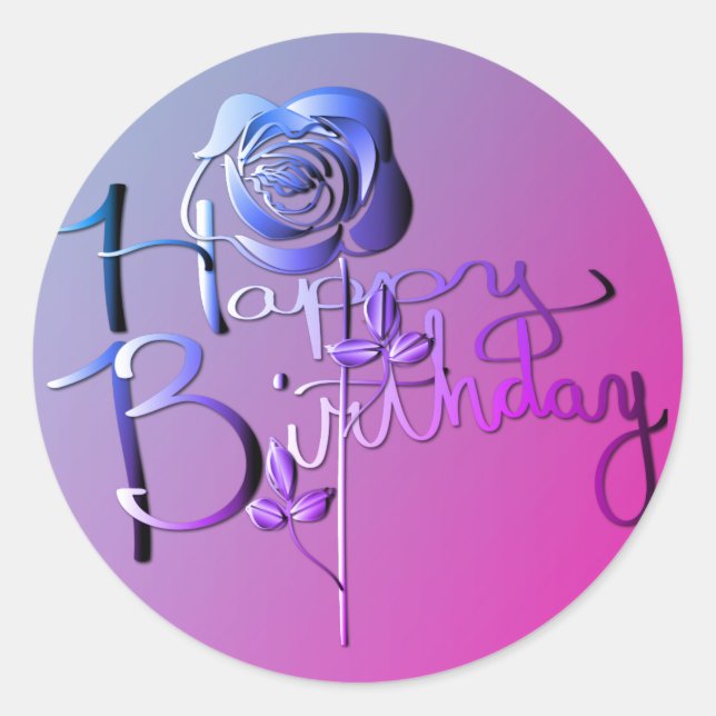 "Happy Birthday!" Hand-written Blue 3D Rose Classic Round Sticker (Front)
