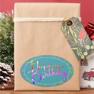 "Happy Birthday!" Hand-written Gradient Rainbow Oval Sticker