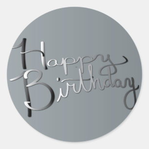 "Happy Birthday!" Hand-written Gradient Silvery Gr Classic Round Sticker
