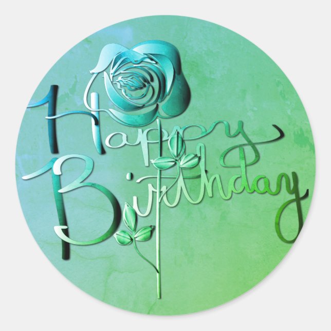 "Happy Birthday!" Hand-written Green 3D Rose Classic Round Sticker (Front)