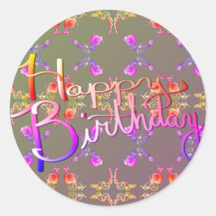 "Happy Birthday!"Hand-written Rose Hearts Grey Classic Round Sticker