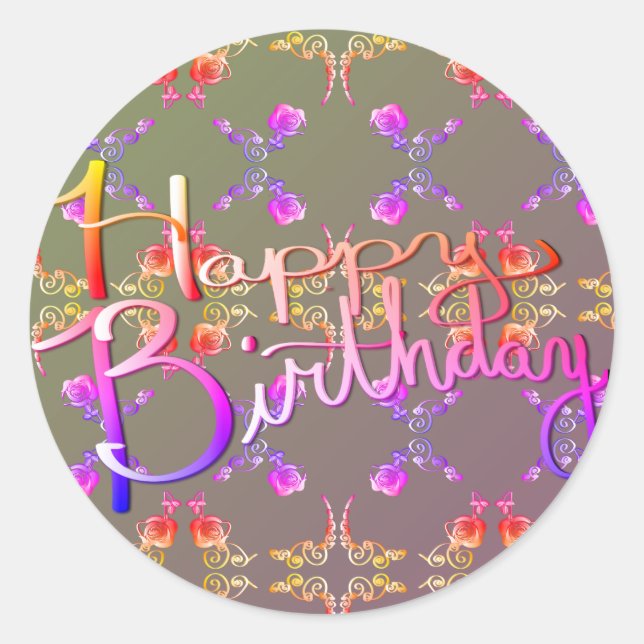 "Happy Birthday!"Hand-written Rose Hearts Grey Classic Round Sticker (Front)