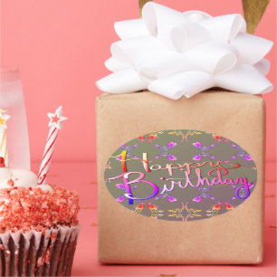 "Happy Birthday!"Hand-written Rose Hearts Grey Oval Sticker