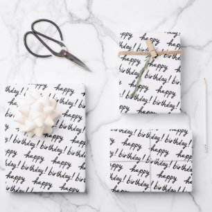 HAPPY BIRTHDAY Handlettering Pattern Black White Wrapping Paper Sheet