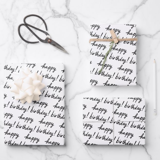 HAPPY BIRTHDAY Handlettering Pattern Black White Wrapping Paper Sheet (Front)