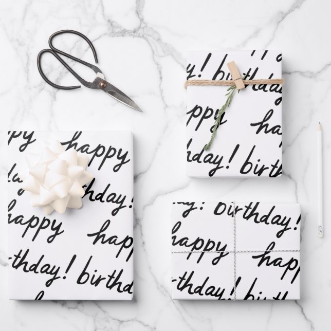 HAPPY BIRTHDAY Handlettering Pattern Black White Wrapping Paper Sheet (Front)