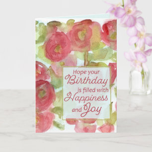 Happy Birthday Happiness Joy Pink Hollyhocks Card