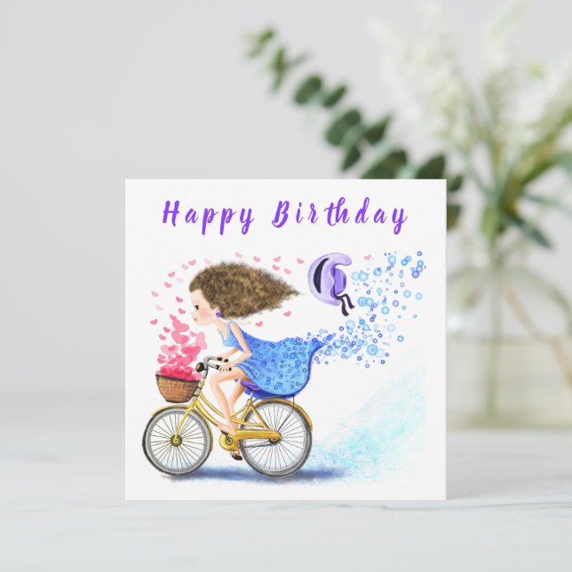 Happy Birthday - Happy Young Girl On A Bike  (Standing Front)