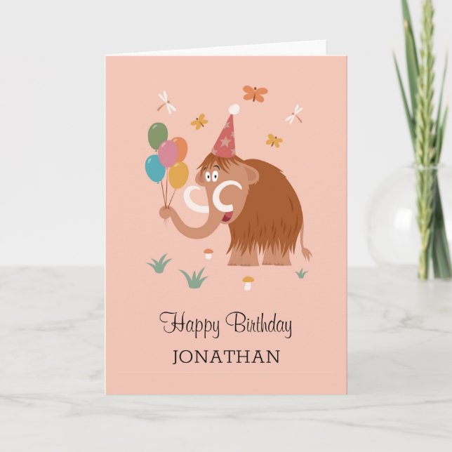 Happy Birthday Hat Cartoon Cute Mammoth Balloons Card (Front)